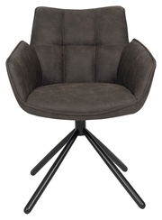 Moderner Armlehnstuhl in dunklem Stoff mit schwarzem Metallgestell, Frontalansicht