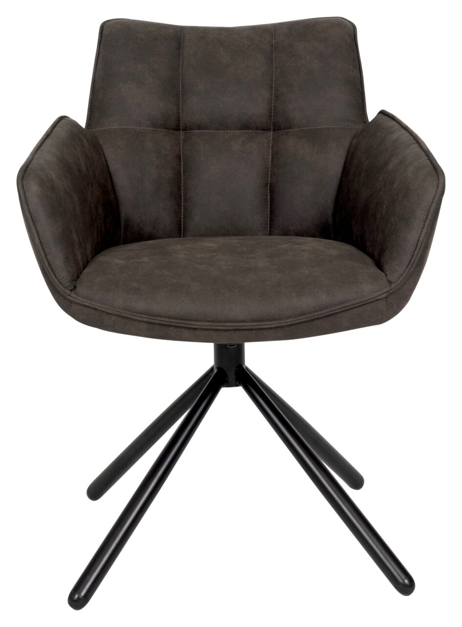 Moderner Armlehnstuhl in dunklem Stoff mit schwarzem Metallgestell, Frontalansicht