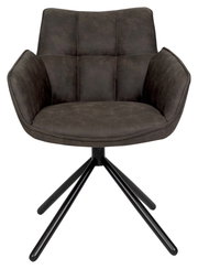 Moderner Armlehnstuhl in dunklem Stoff mit schwarzem Metallgestell, Frontalansicht