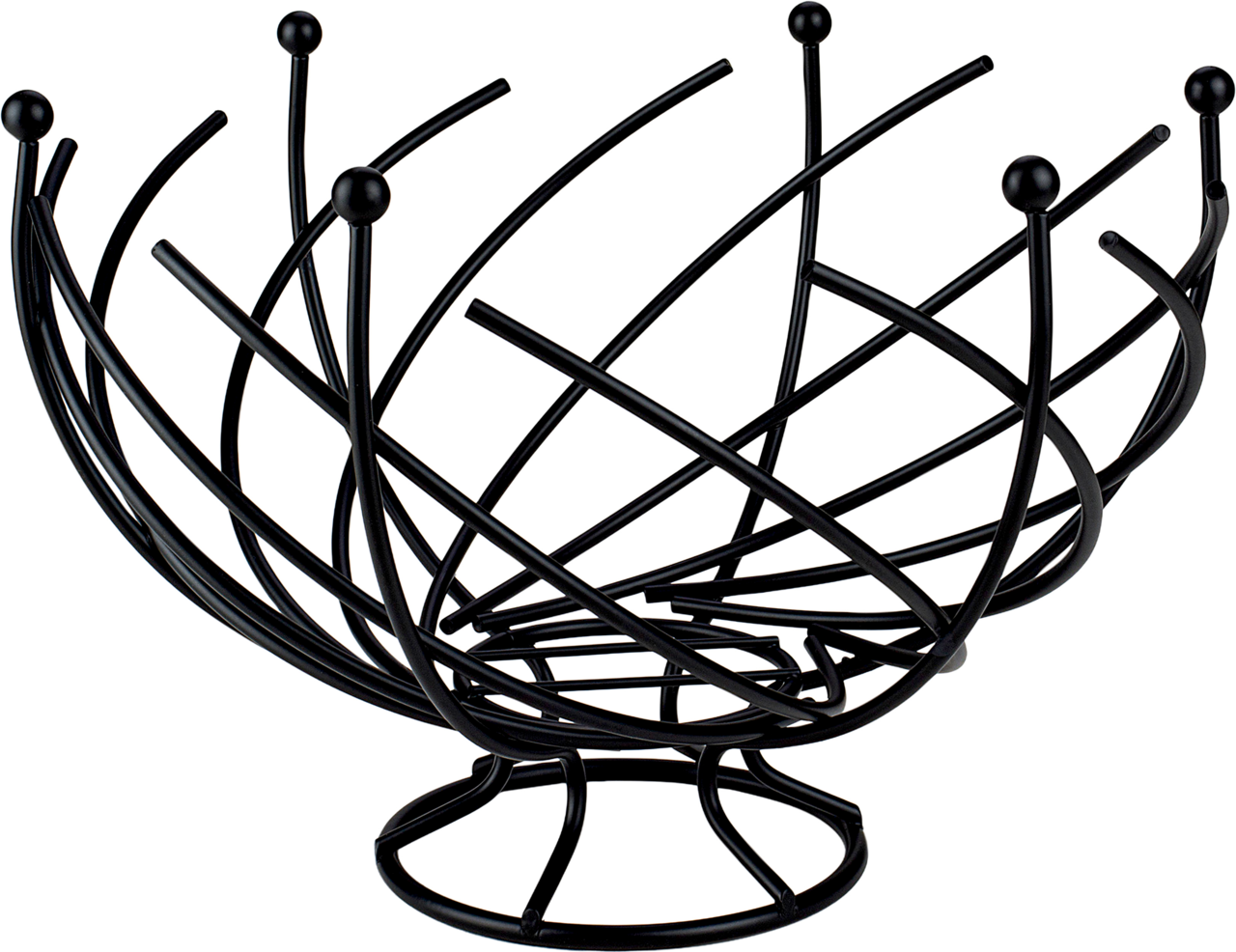 Moderner schwarzer Obstkorb aus Metall mit geschwungenem Design, seitliche Perspektive