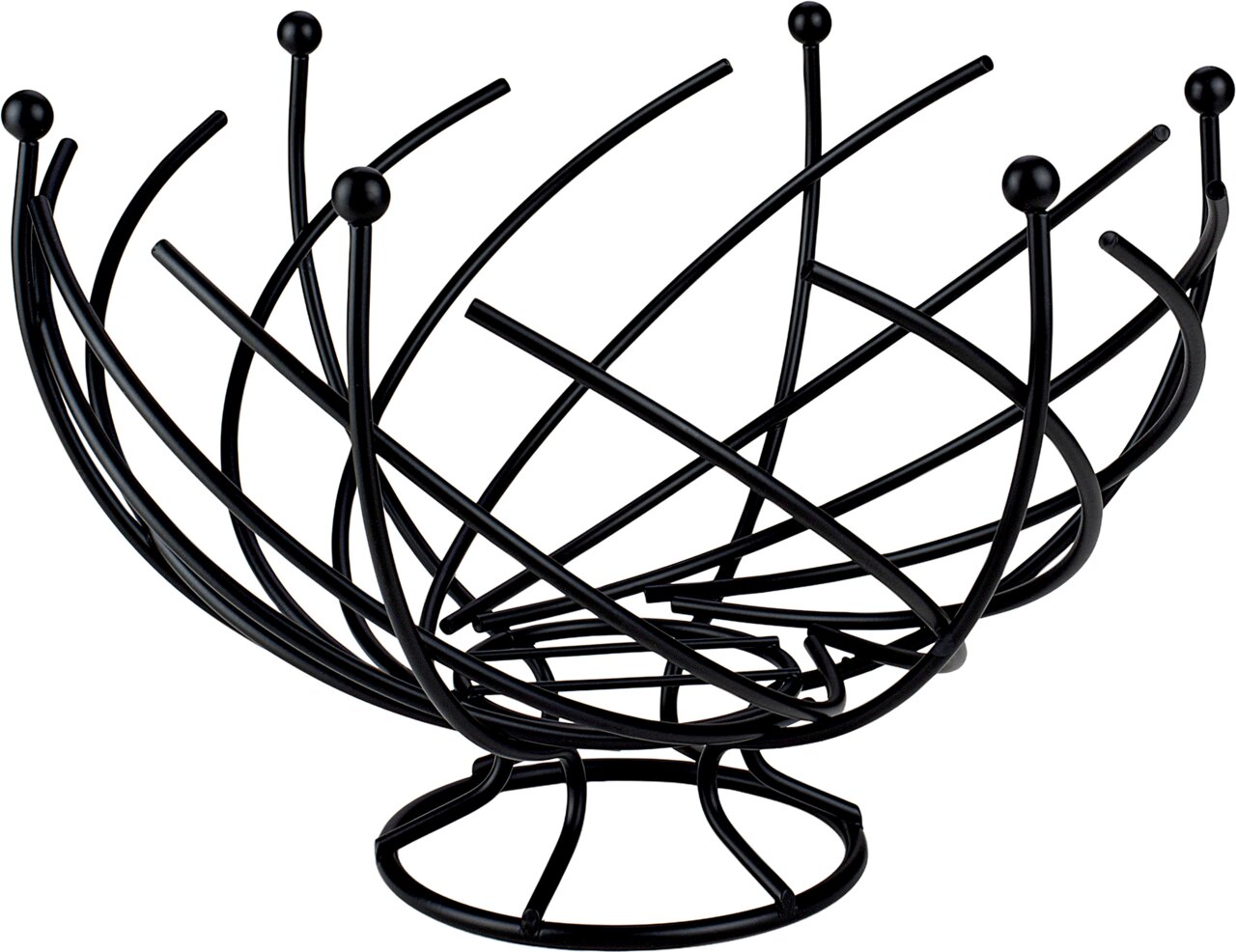 Moderner schwarzer Obstkorb aus Metall mit geschwungenem Design, seitliche Perspektive