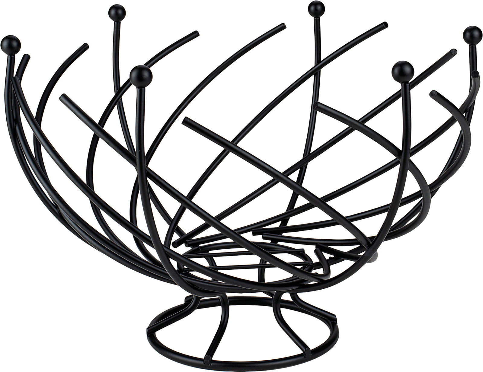 Moderner schwarzer Obstkorb aus Metall mit geschwungenem Design, seitliche Perspektive