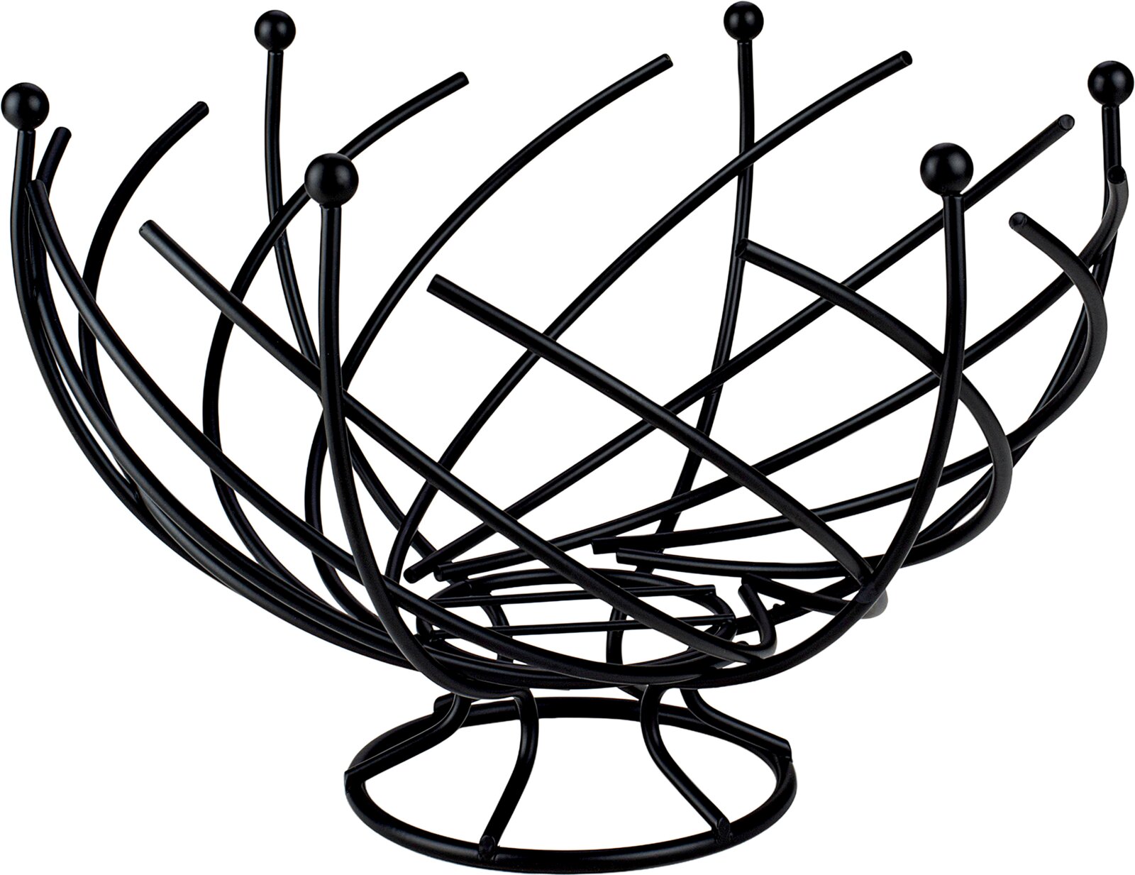 Moderner schwarzer Obstkorb aus Metall mit geschwungenem Design, seitliche Perspektive