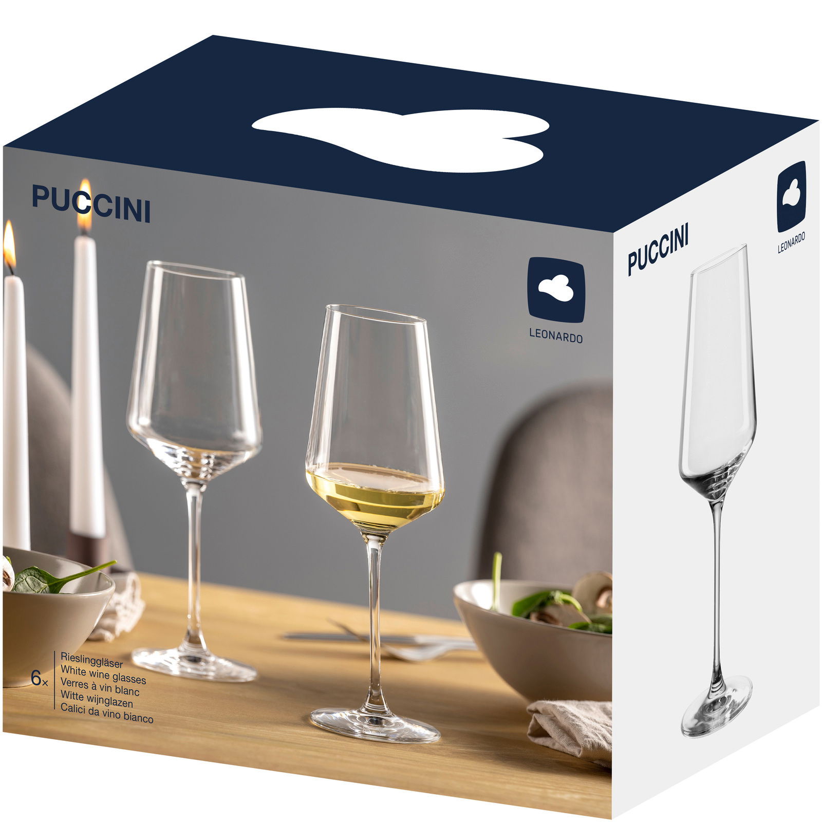 Verpackung eines 6er-Sets Sektgläser mit elegantem Design, seitliche Perspektive