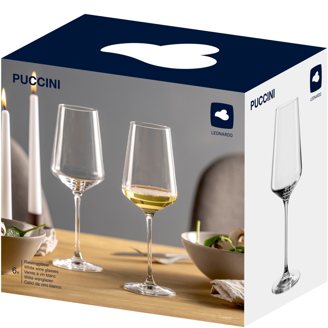 Verpackung eines 6er-Sets Sektgläser mit elegantem Design, seitliche Perspektive