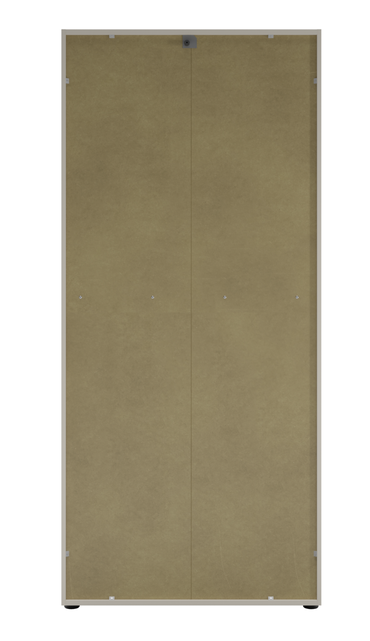 Vorderansicht eines Aktenschranks mit zwei Türen in neutraler Farbe.