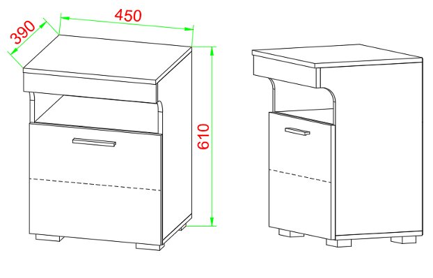 Technische Zeichnung eines Nachttischs mit Schublade und Ablage, Maße ca. 450 x 390 x 610 mm, dargestellt in Front- und Seitenansicht (Perspektive: leicht schräg von vorn und schräg von der Seite).