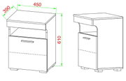 Technische Zeichnung eines Nachttischs mit Schublade und Ablage, Maße ca. 450 x 390 x 610 mm, dargestellt in Front- und Seitenansicht (Perspektive: leicht schräg von vorn und schräg von der Seite).