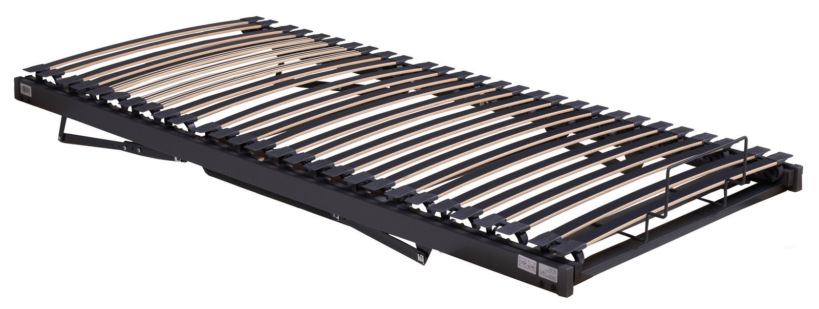 Tempur Systeemframe 90x200 FORM SYSTEMRAHMEN 2000 Seitliche Perspektive auf einen Systemrahmen mit gebogenen Holzlatten und schwarzem Rahmen.