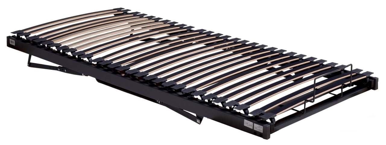 Seitliche Perspektive auf einen Systemrahmen mit gebogenen Holzlatten und schwarzem Rahmen.