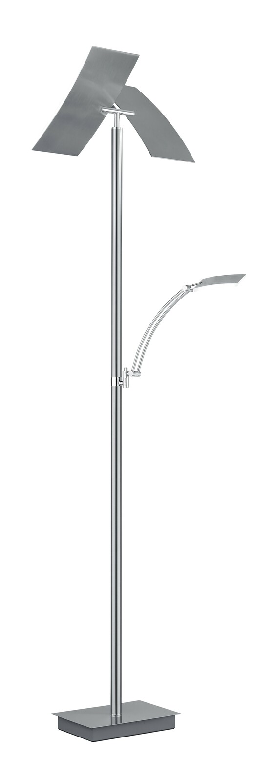 Hell Stehleuchte ANDY Moderne Stehleuchte ANDY in silberner Metalloptik mit zwei rechteckigen Lampenschirmen, seitlicher Perspektive
