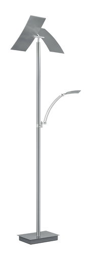 Moderne Stehleuchte ANDY in silberner Metalloptik mit zwei rechteckigen Lampenschirmen, seitlicher Perspektive