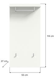 Garderobenpaneel in Weiß mit zwei Haken und einer Kleiderstange, frontale Ansicht, Maße 114 cm x 55 cm x 27 cm