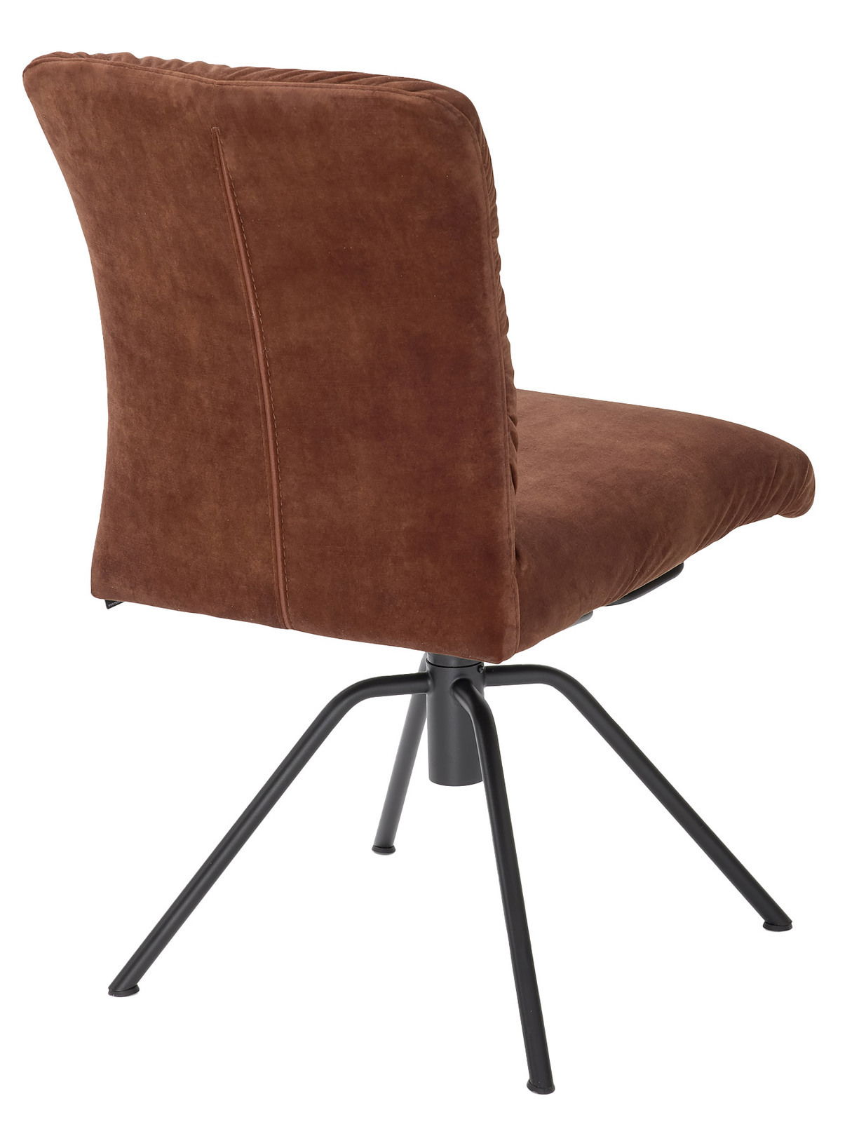 Rückansicht eines braunen Stuhls mit schwarzem Metallgestell und vier Beinen.