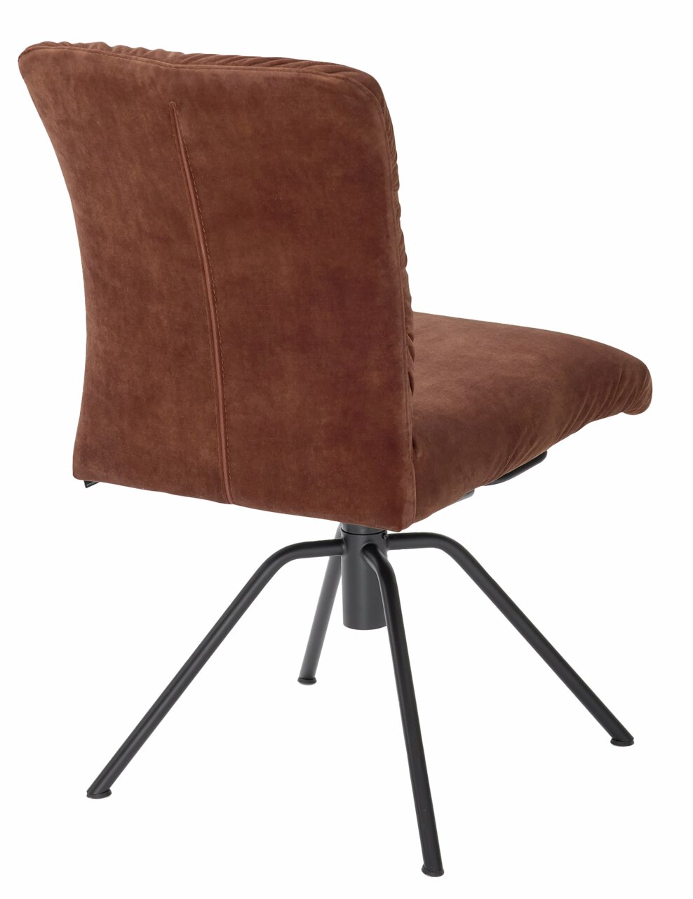 Rückansicht eines braunen Stuhls mit schwarzem Metallgestell und vier Beinen.