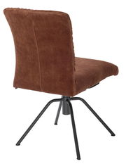 Rückansicht eines braunen Stuhls mit schwarzem Metallgestell und vier Beinen.