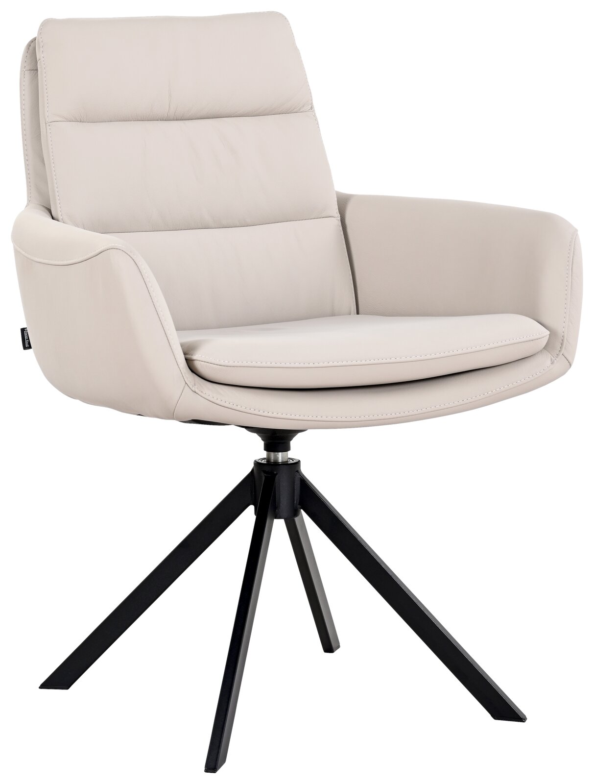 Moderner cremefarbener Sessel mit schwarzem Metallgestell, seitliche Perspektive