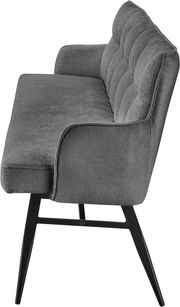 Graue Bank mit gepolsterter Sitzfläche und Rückenlehne, seitliche Perspektive