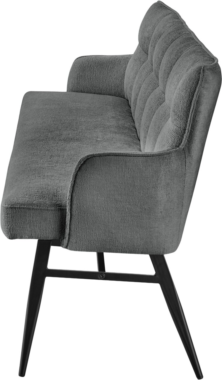 Graue Bank mit gepolsterter Sitzfläche und Rückenlehne, seitliche Perspektive