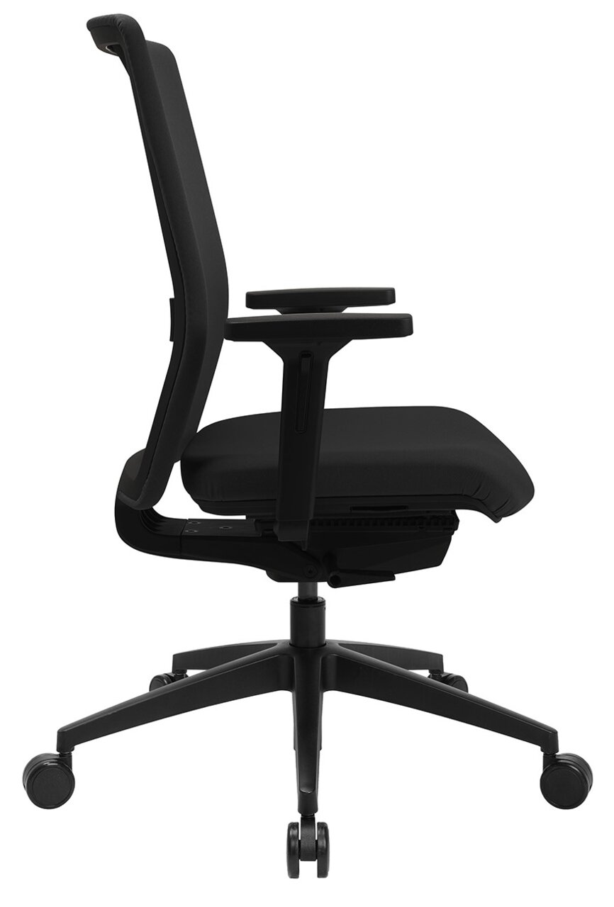 Schwarzer Bürostuhl Topstar SITNESS AIRWORK G, Seitenansicht, mit Armlehnen und Rollen.