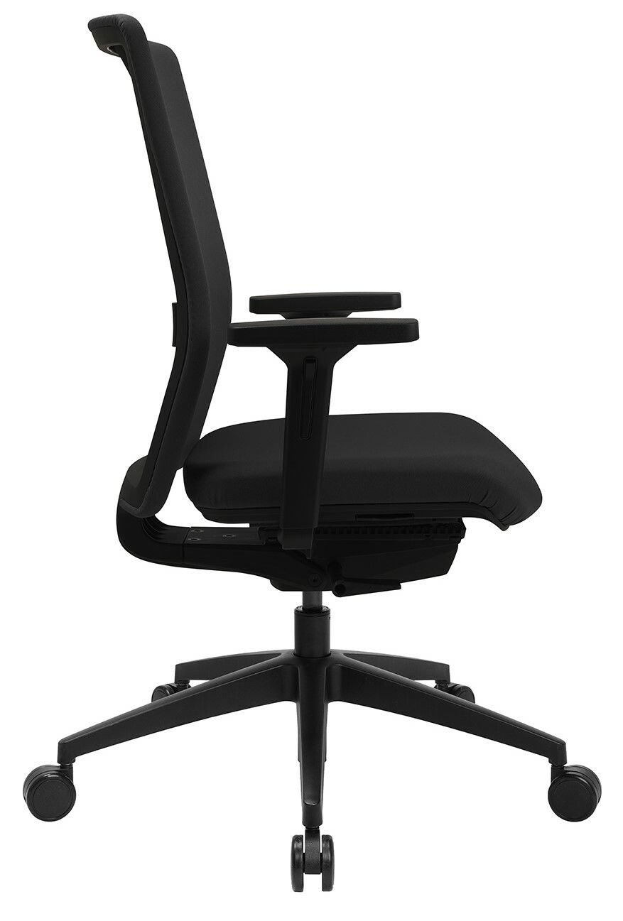 Schwarzer Bürostuhl Topstar SITNESS AIRWORK G, Seitenansicht, mit Armlehnen und Rollen.
