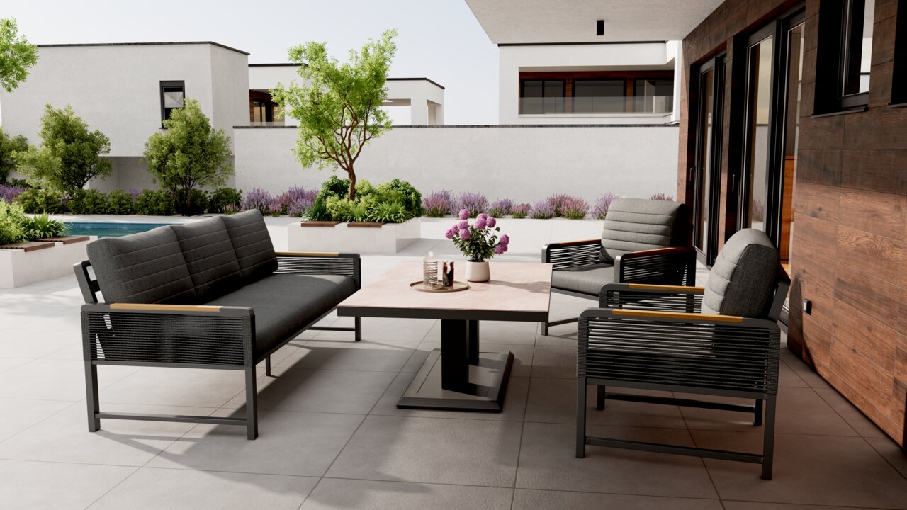 Ambia Garden Sitzbank 3-sitzig CALIDA Moderne dreisitzige Sitzbank aus Metall und Holz in einem stilvollen Garten, seitliche Perspektive.