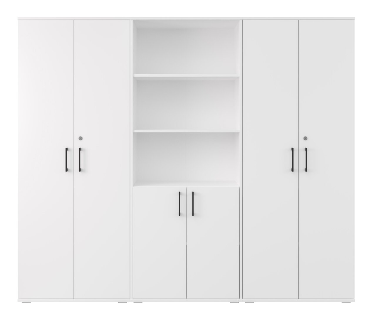 Witte, moderne multifunctionele kast met vier deuren en een open plankengedeelte in het midden, evenals twee onderste deuren, zwarte handgrepen, vooraanzicht.
