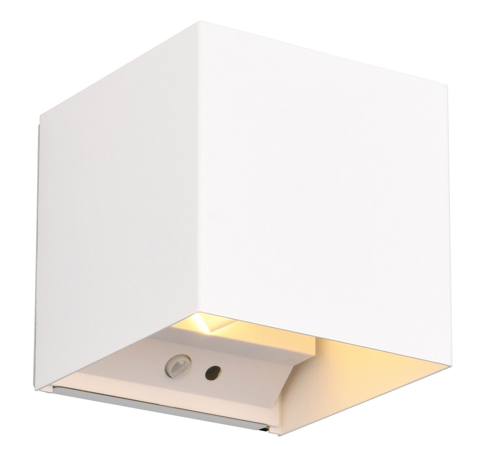 Weiße, kubische Akku-Wandleuchte TALENT aus seitlicher Perspektive mit warmem Lichtschein.