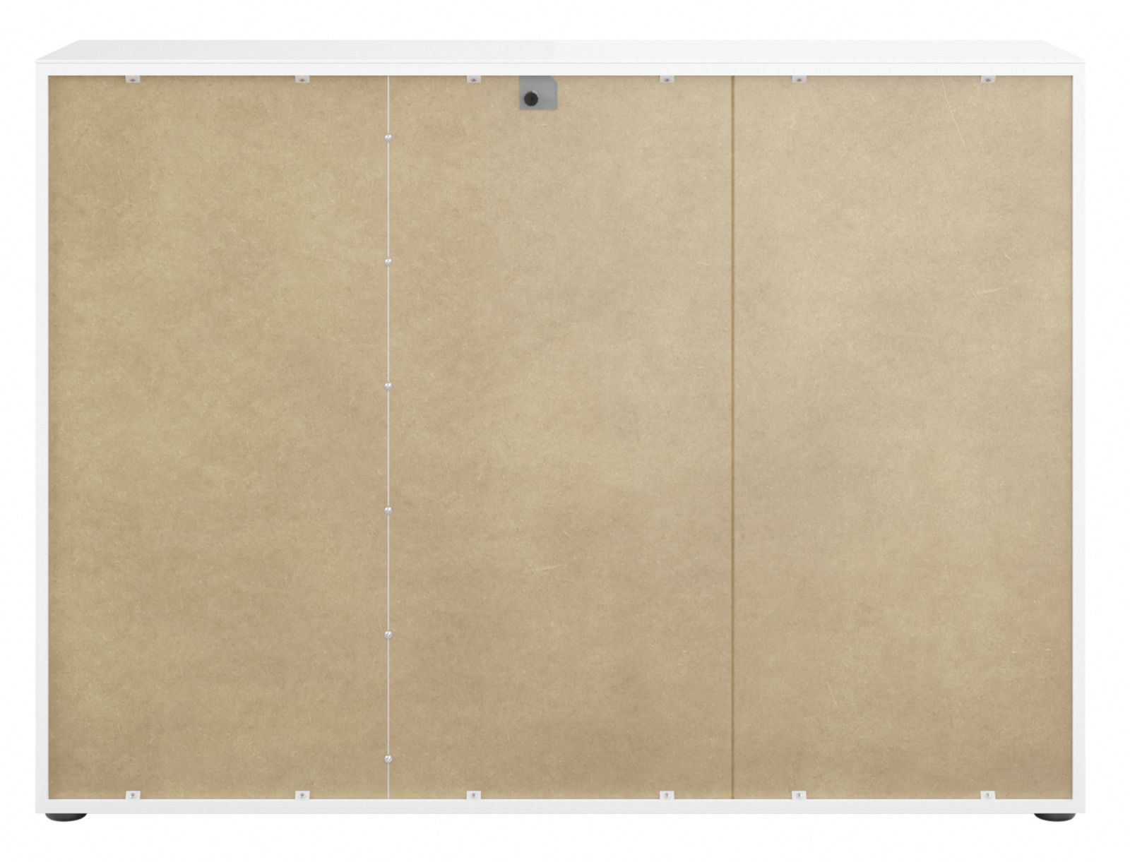 Rückansicht eines Sideboards mit weißem Rahmen und naturbelassener Rückwand.