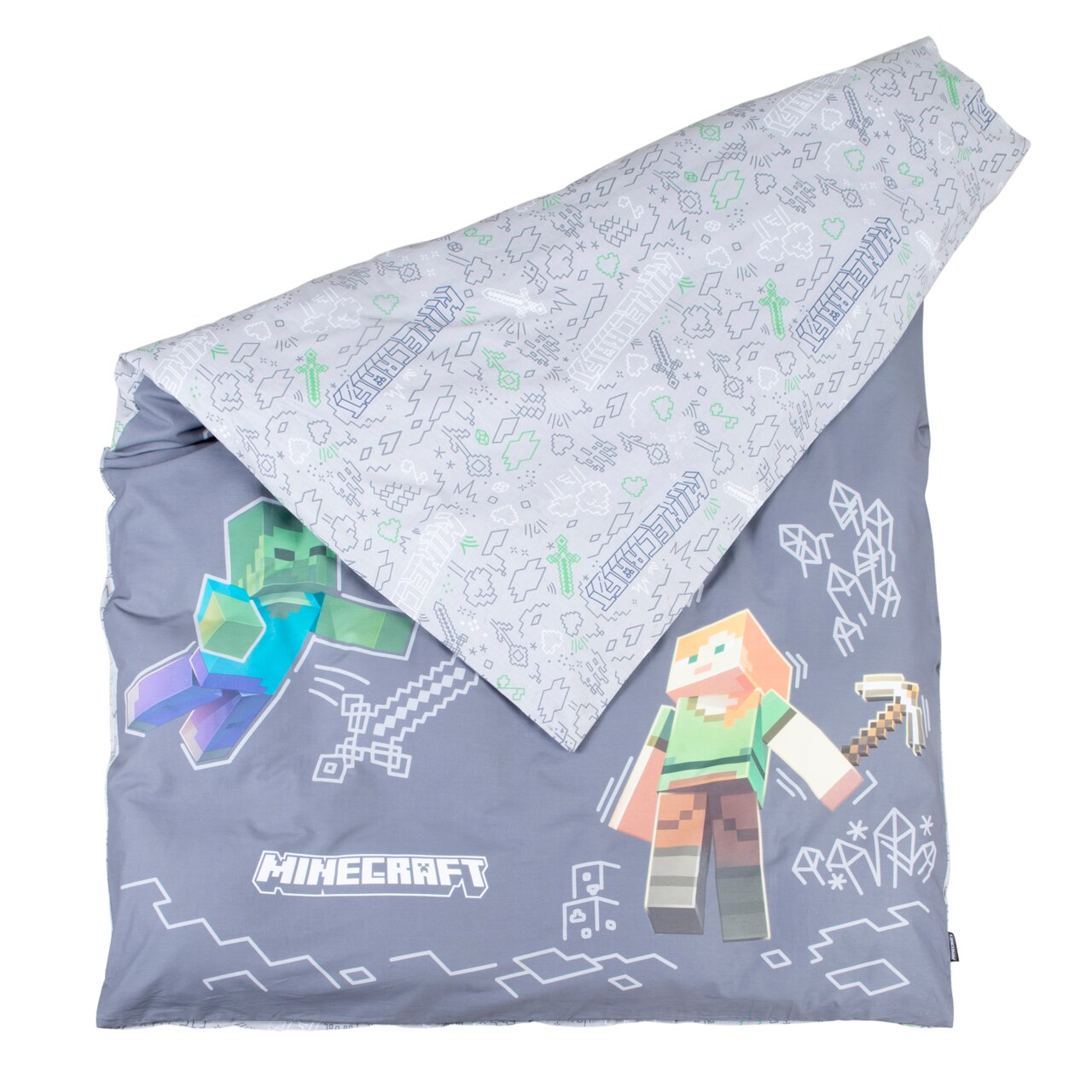 Minecraft Bettwäsche-Set in Grau mit Alex- und Zombie-Motiv sowie Minecraft-Logo, Decke teilweise umgeschlagen und von schräg oben in Frontansicht fotografiert