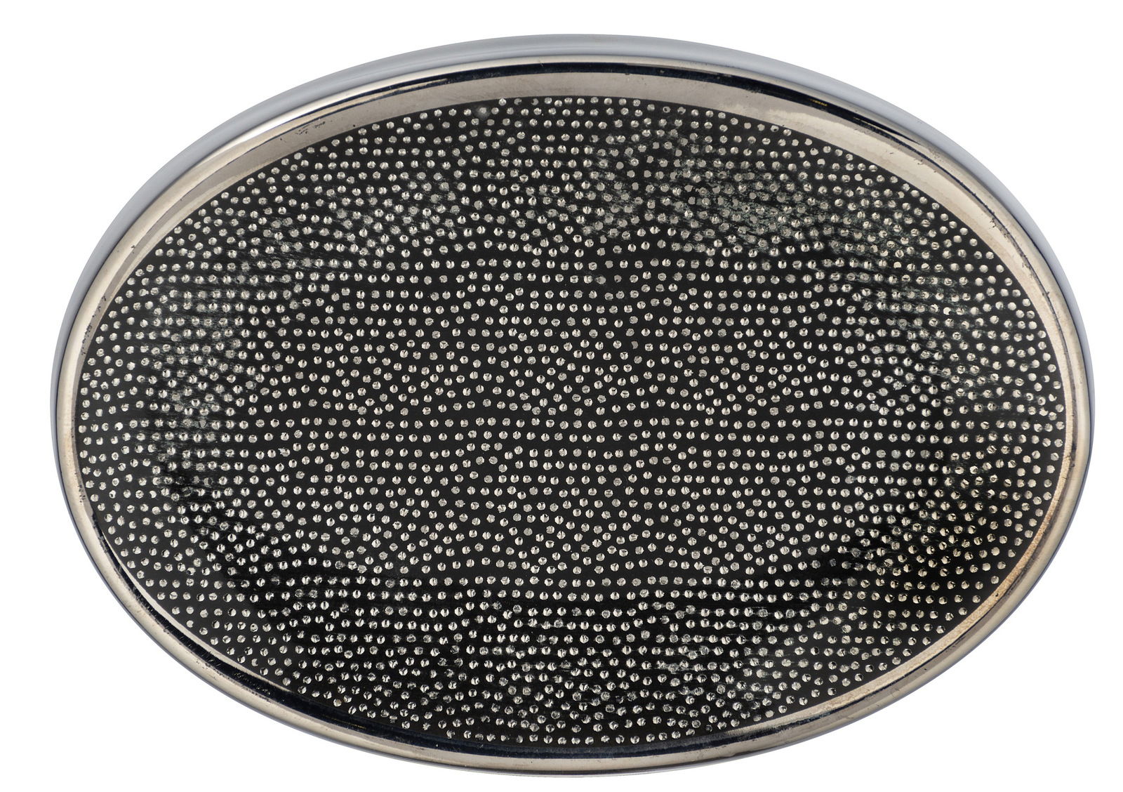 Ovale Seifenablage Modell Nuria in Silber mit strukturierter Oberfläche, Draufsicht.