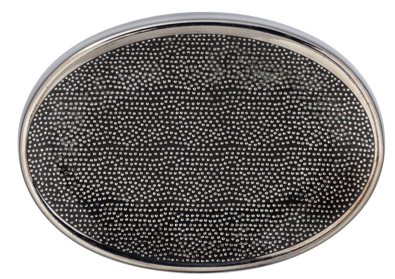 Ovale Seifenablage Modell Nuria in Silber mit strukturierter Oberfläche, Draufsicht.