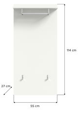 Frontale Ansicht einer weißen Garderobenwand mit Kleiderstange und zwei Haken, Maße 114 cm hoch und 55 cm breit.