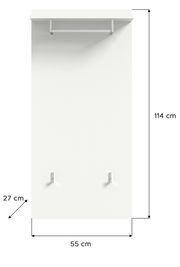Frontale Ansicht einer weißen Garderobenwand mit Kleiderstange und zwei Haken, Maße 114 cm hoch und 55 cm breit.