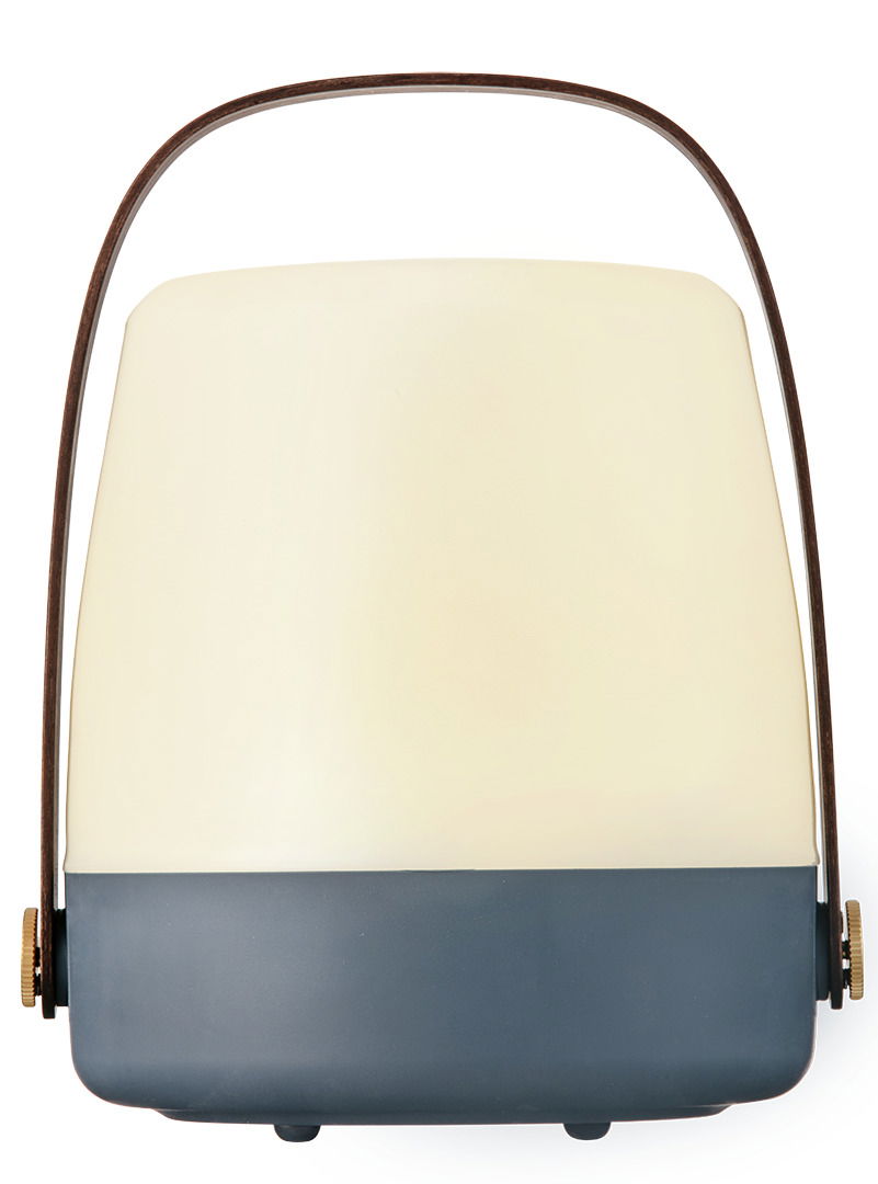 Frontansicht einer modernen, zweifarbigen Lampe mit abgerundeten Kanten und einem eleganten Design.