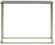 Moderne Konsole mit goldfarbenem Metallrahmen und schwarzer Tischplatte, Frontalansicht