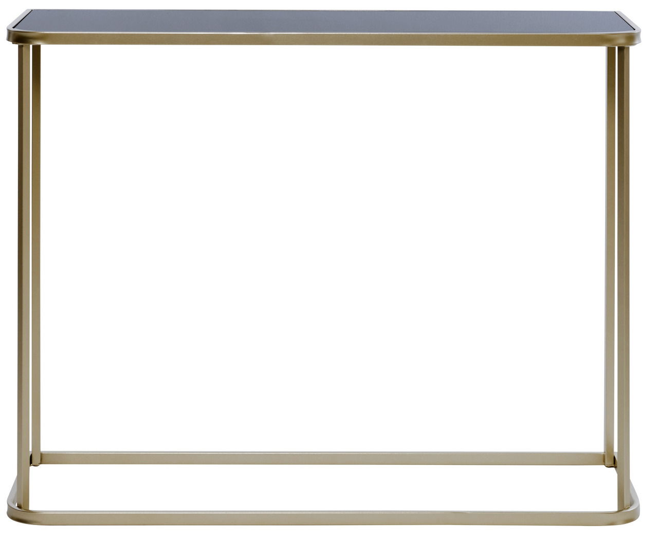 Moderne Konsole mit goldfarbenem Metallrahmen und schwarzer Tischplatte, Frontalansicht