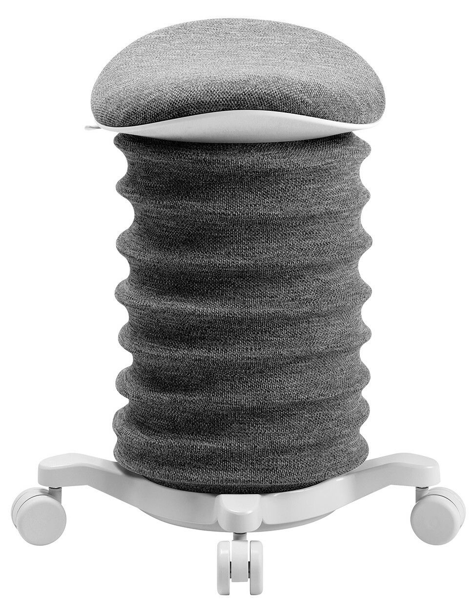 Grauer Aktiv-Sitzhocker mit wellenförmigem Design und Rollen, Vorderansicht