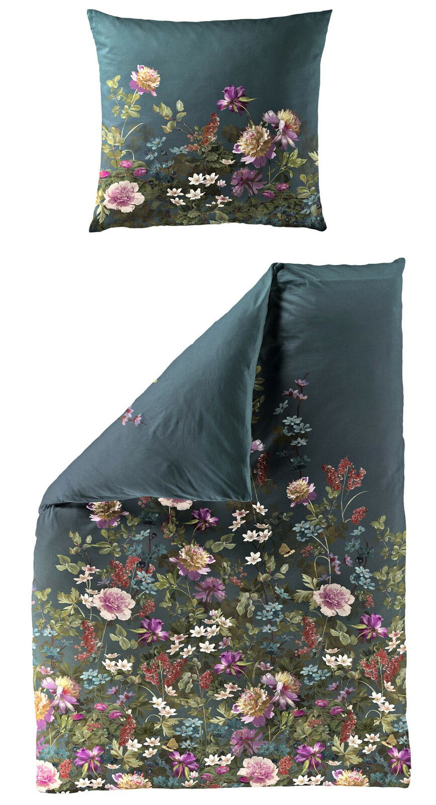 Bettwäsche-Set mit floralem Muster in dunklen Tönen, bestehend aus einem Kissenbezug und einem Bettdeckenbezug, aus der Vogelperspektive fotografiert.