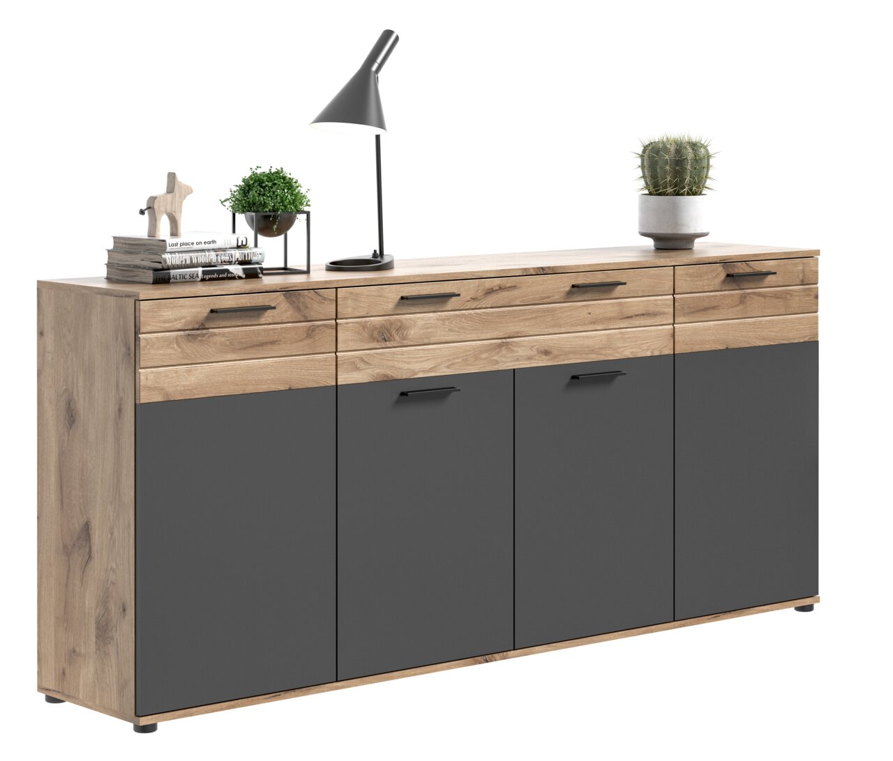 Modernes Sideboard aus Holz mit grauen Türen, dekoriert mit Lampe, Pflanzen und Büchern, seitliche Perspektive