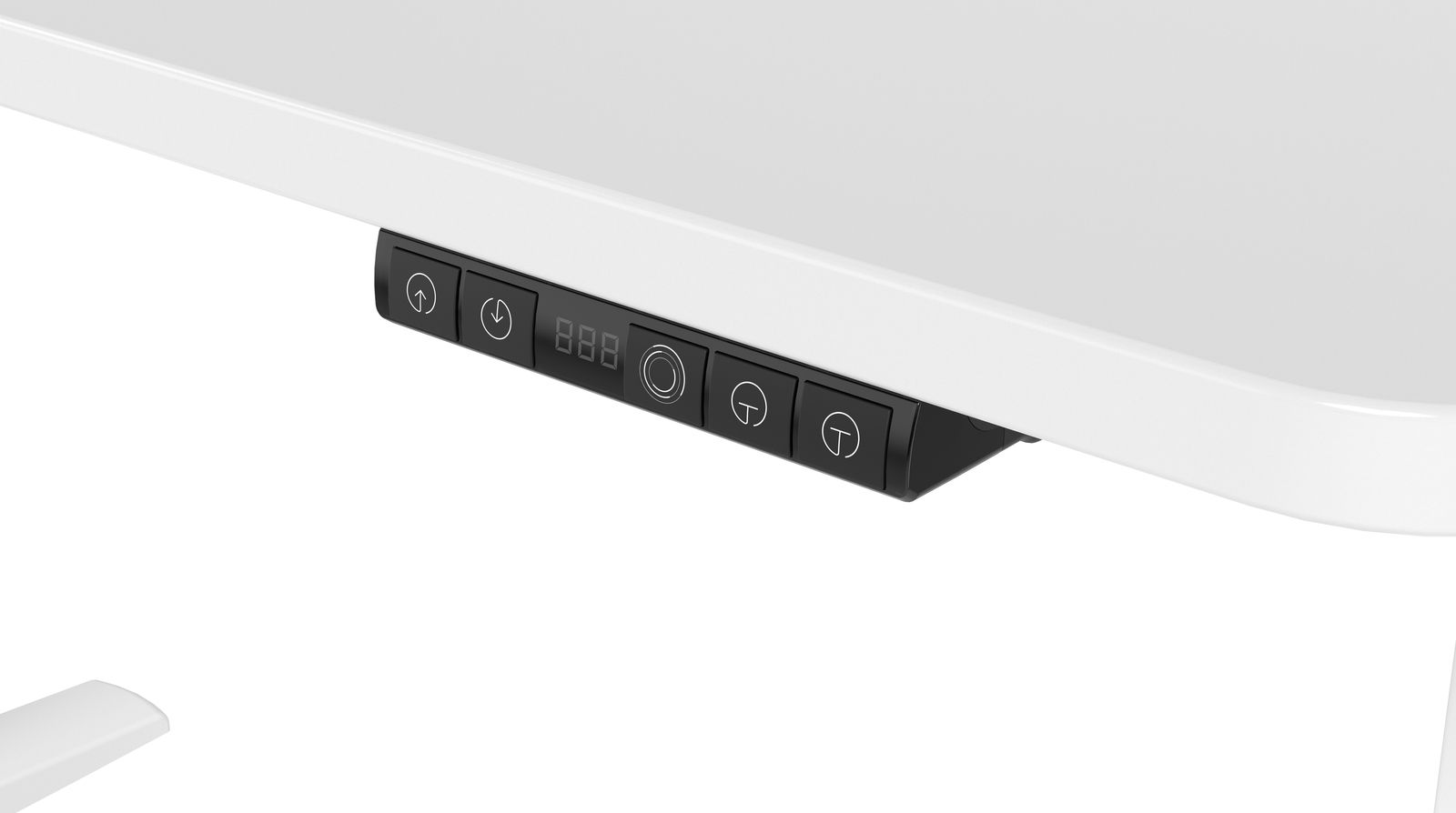 Nahaufnahme der Bedienelemente eines höhenverstellbaren E-Schreibtisches in seitlicher Perspektive.