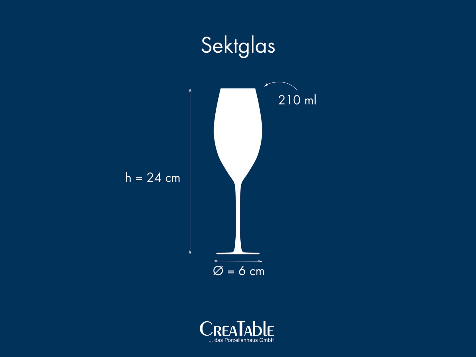Schematische Frontansicht eines Sektglases (Silhouette) mit Angaben: 210 ml, Höhe 24 cm, Durchmesser 6 cm, auf blauem Hintergrund