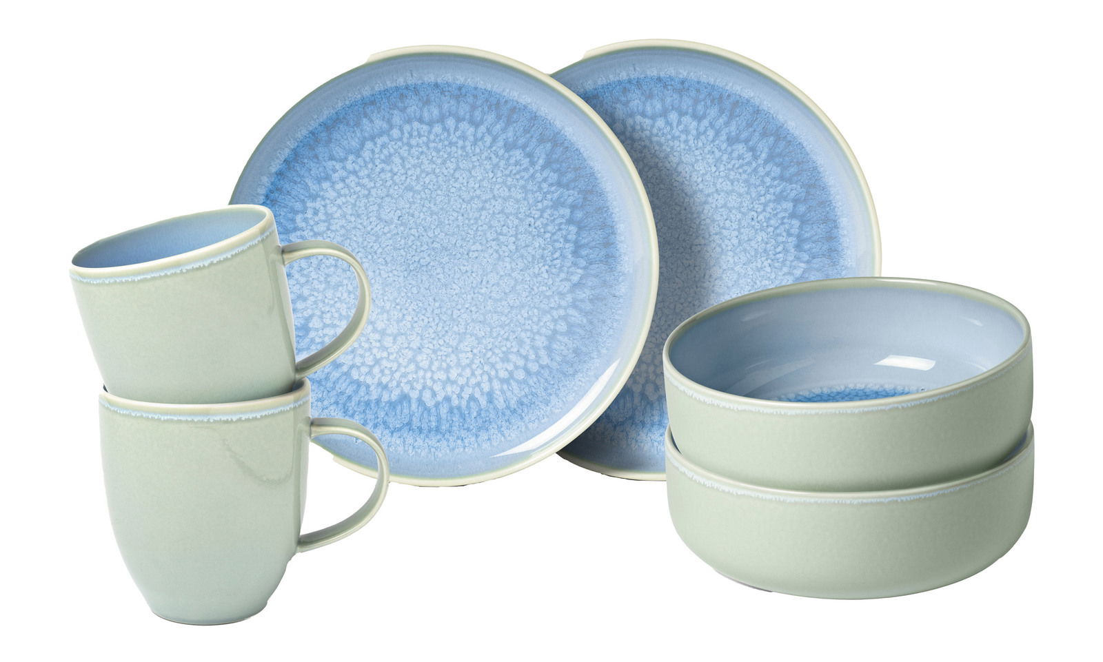 Frontalansicht eines 6-teiligen Frühstücks-Sets mit zwei blauen Tellern, zwei grünen Tassen und zwei grünen Schalen mit blauer Innenseite.