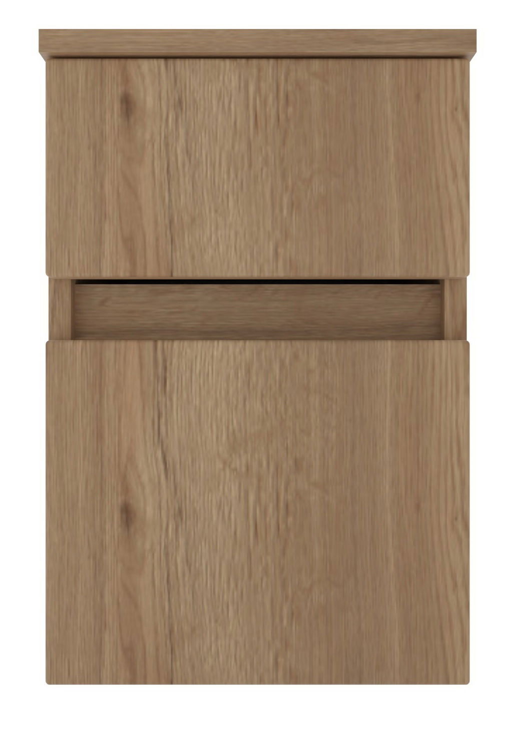 Frontansicht eines Unterschranks aus Holz mit zwei Schubladen.