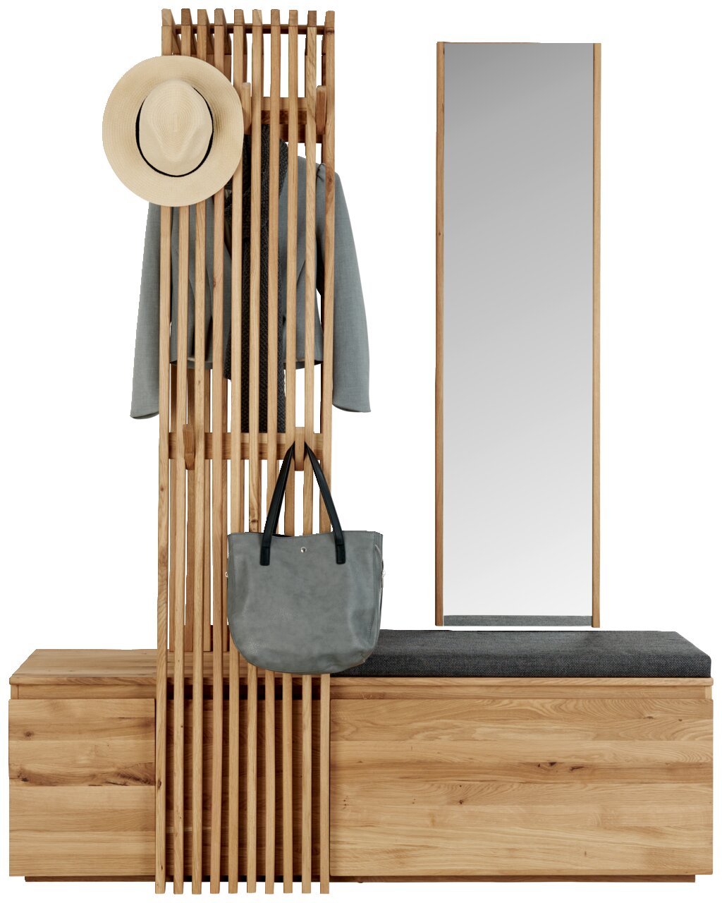 Garderobe aus Holz mit vertikalen Streben, Hut und Tasche an Haken, Spiegel und Sitzbank, frontale Ansicht.