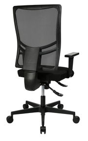 Rückansicht eines ergonomischen Drehstuhls mit Netzrückenlehne und verstellbaren Armlehnen.