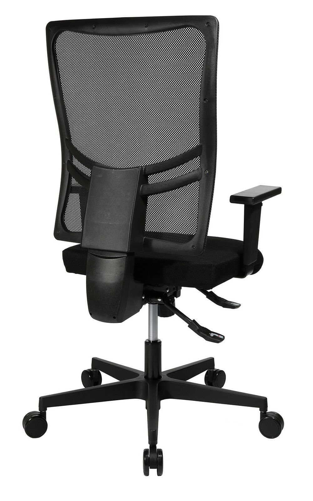 Rückansicht eines ergonomischen Drehstuhls mit Netzrückenlehne und verstellbaren Armlehnen.