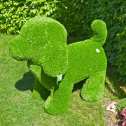 Grüne Hundeskulptur aus Kunstrasen, stehend im Garten, seitliche Perspektive