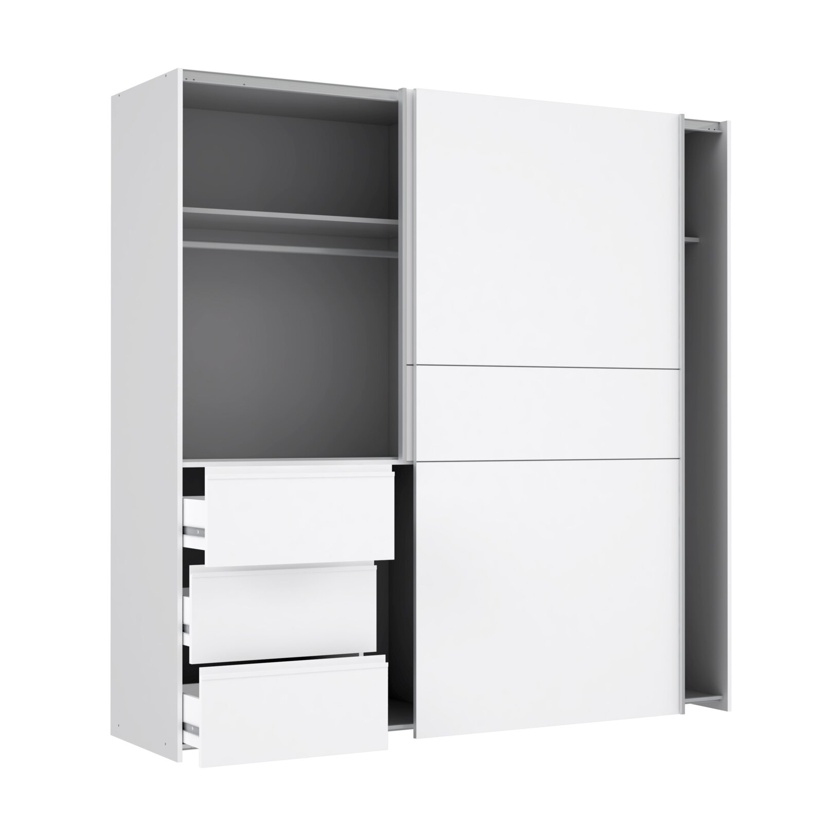 Weißer Schwebetürenschrank mit offener Perspektive, zeigt Schubladen und Regale.