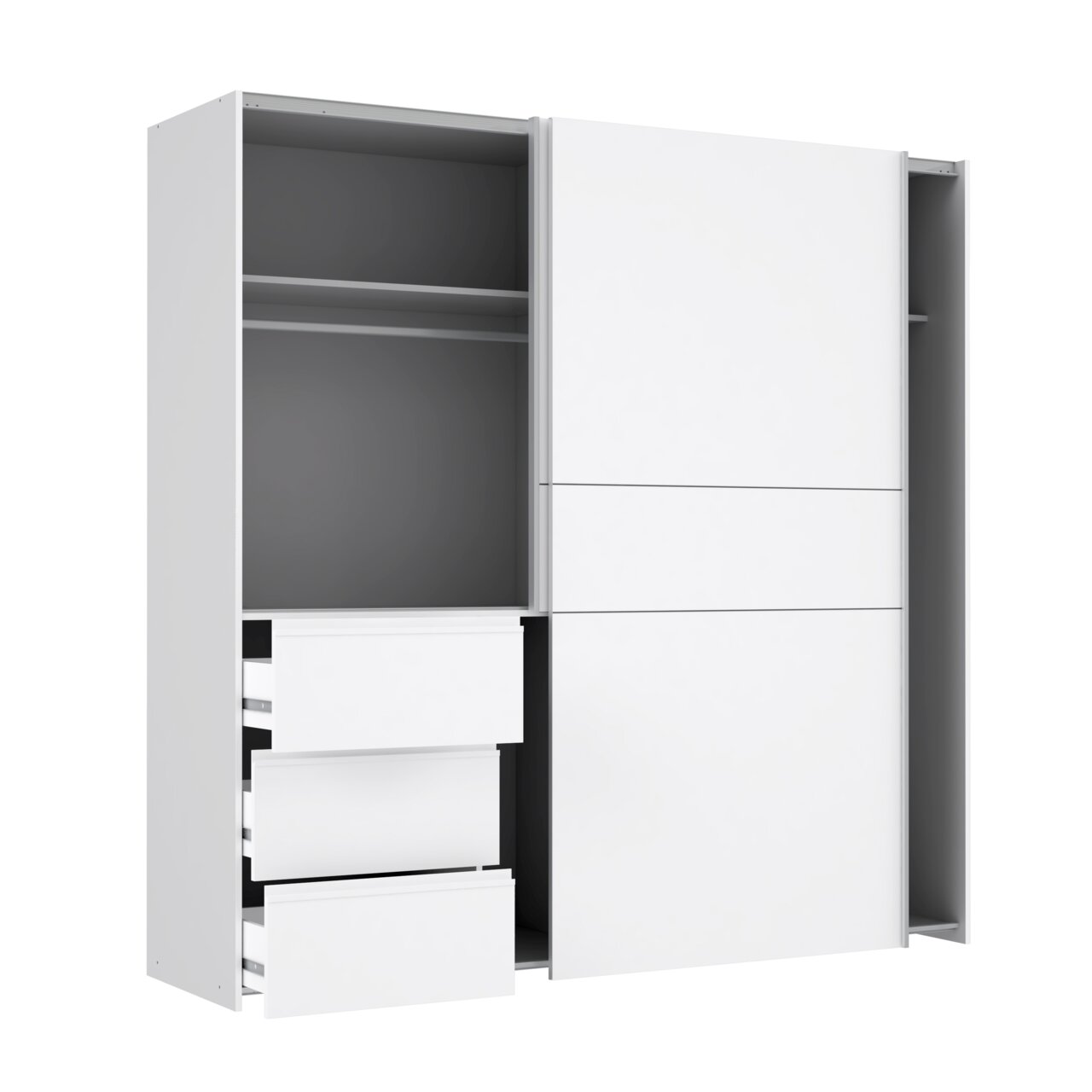 Weißer Schwebetürenschrank mit offener Perspektive, zeigt Schubladen und Regale.